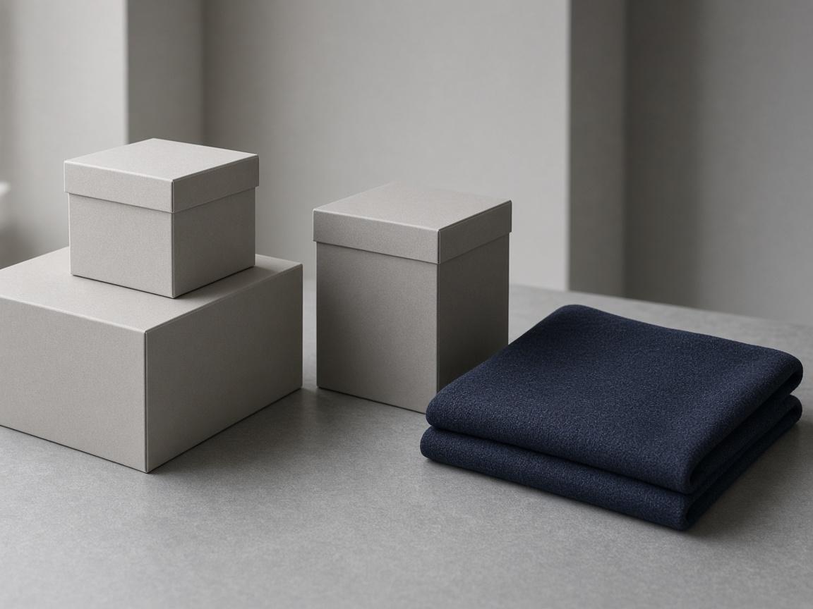 Plain product boxes and a folded navy textile on a grey table