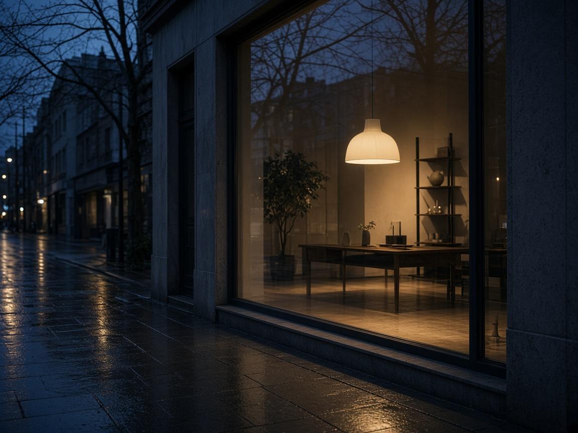 A lit shop window on a wet street at dusk