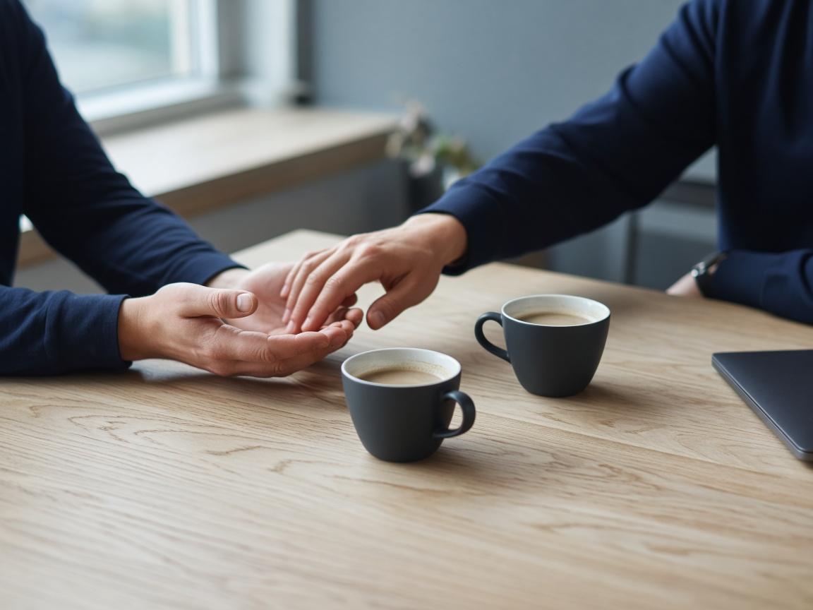 Two people talking across a table with coffee