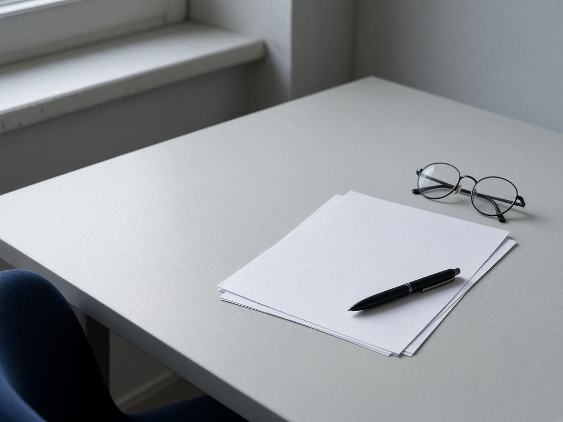 Blank pages, a pen, and glasses on a pale desk