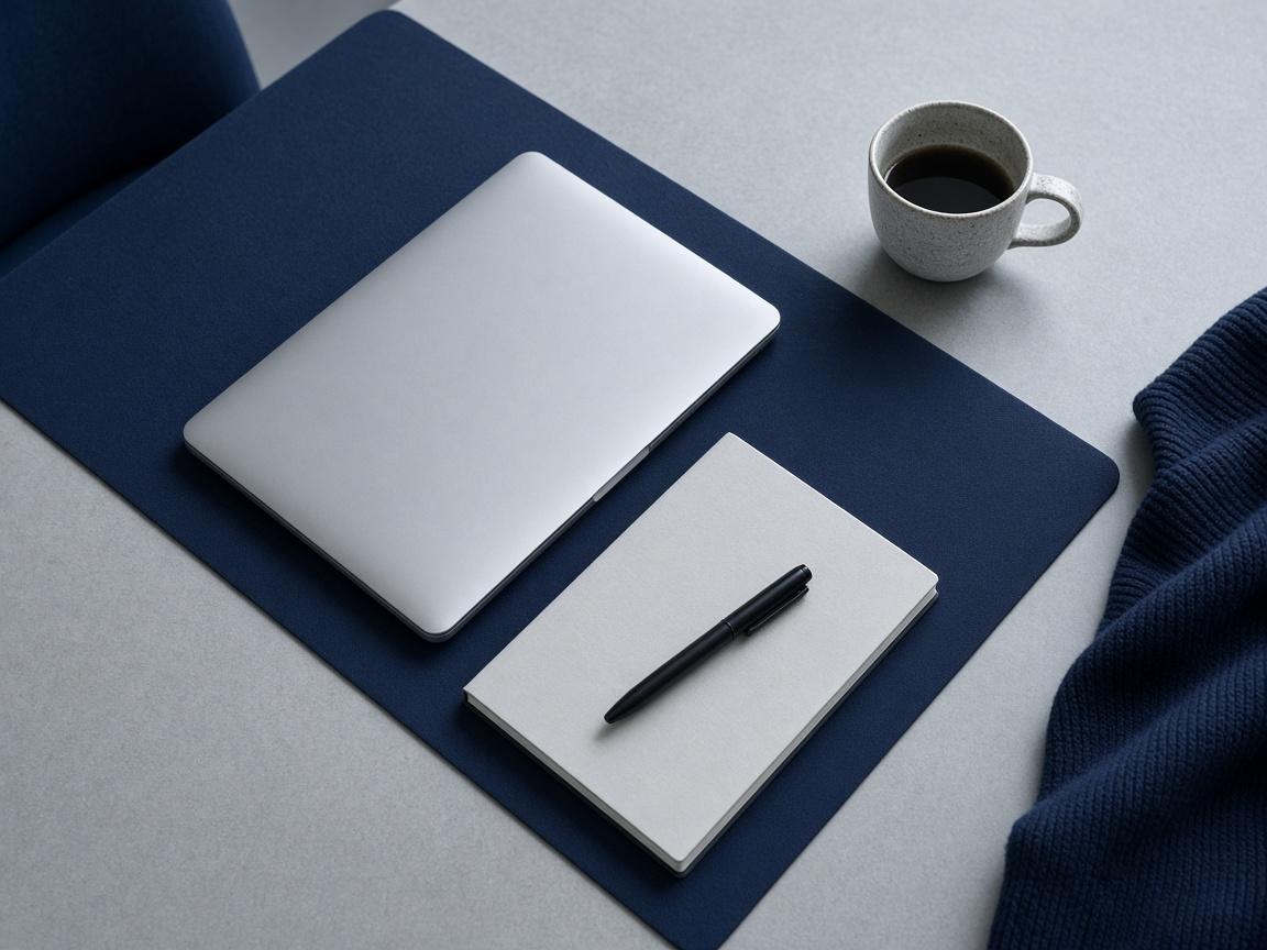 Closed laptop, notebook, and coffee on a navy desk