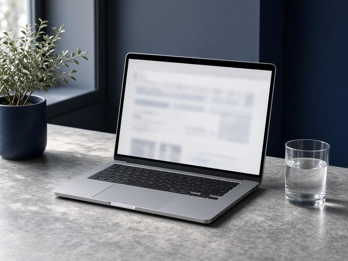 Laptop on a stone desk beside a plant and a glass of water