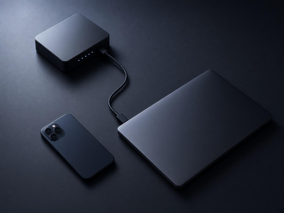 A phone, a small device, and a laptop connected by a cable